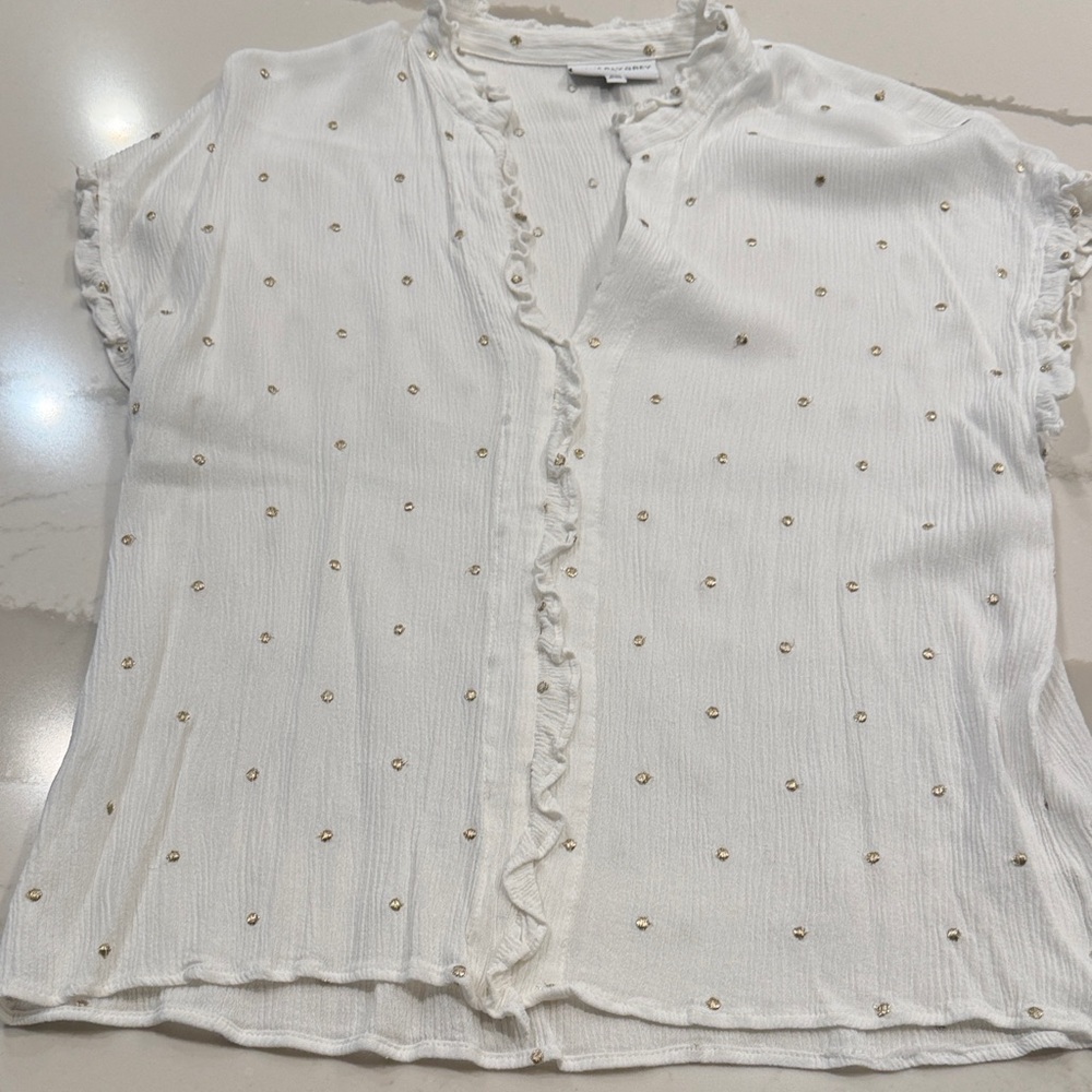 Waverly Grey White Blouse with Ruffle Trim